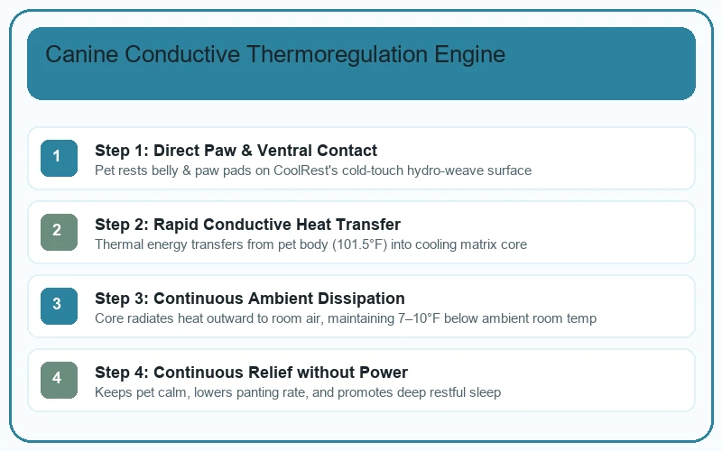 Scientific diagram showing heat energy transferring from dog body into CoolRest phase-change cooling core