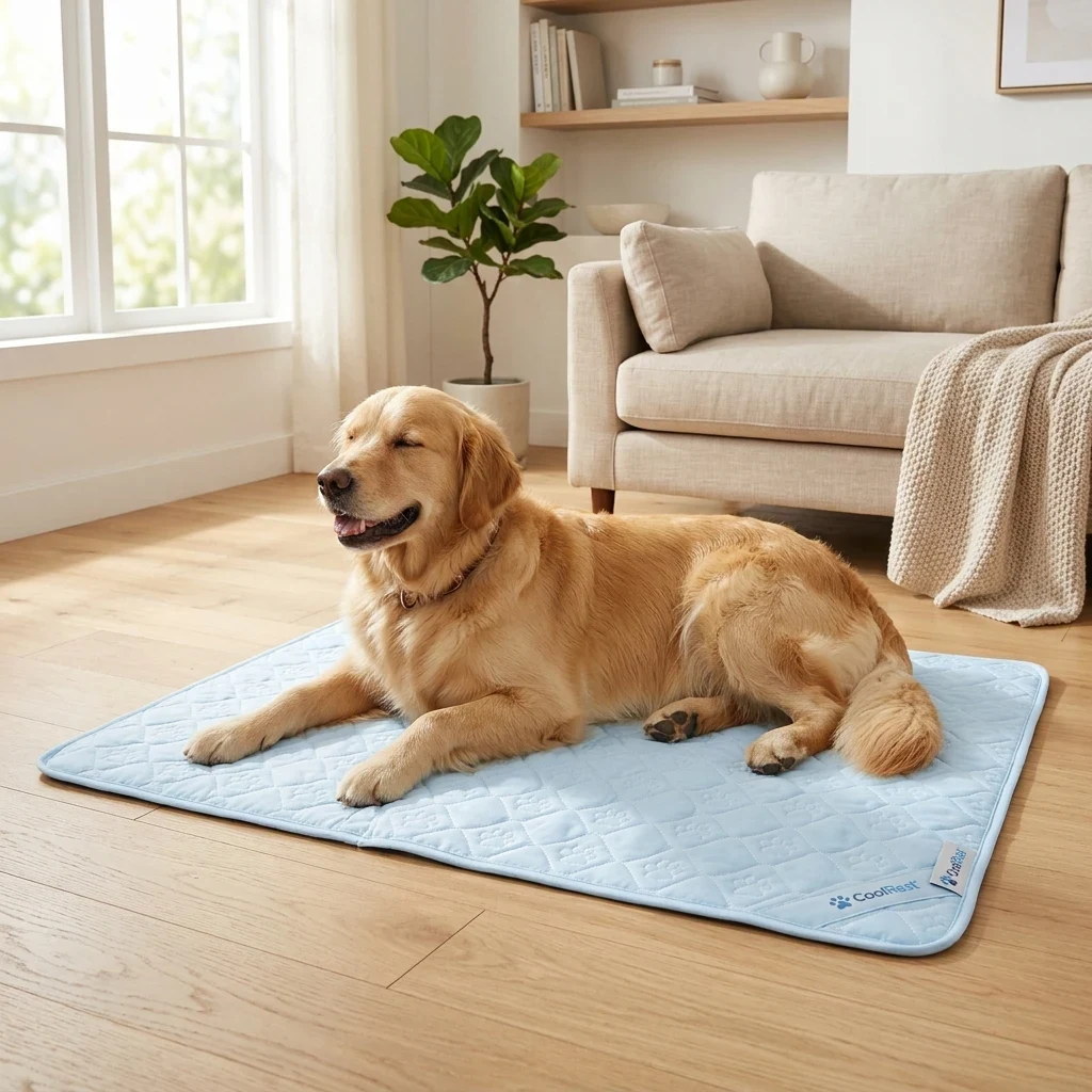 Golden retriever lying comfortably on CoolRest cooling pad on hardwood floor near window